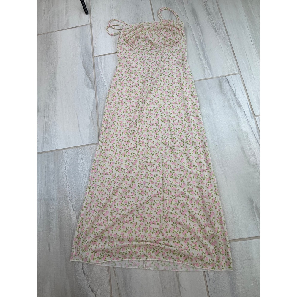 See You Monday Floral Mesh Maxi Dress Pink Rose Ruched Bust Cream Medium D8626MP